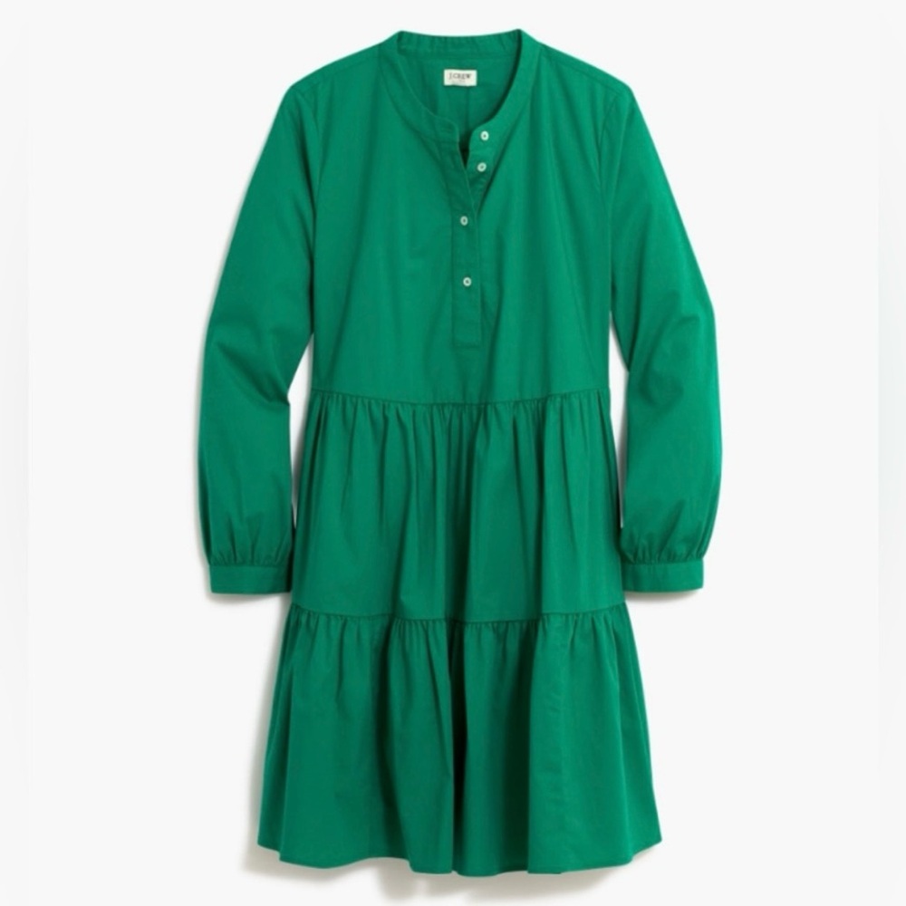 J. Crew Factory Green Cotton Poplin Tiered Dress Small Long Sleeve